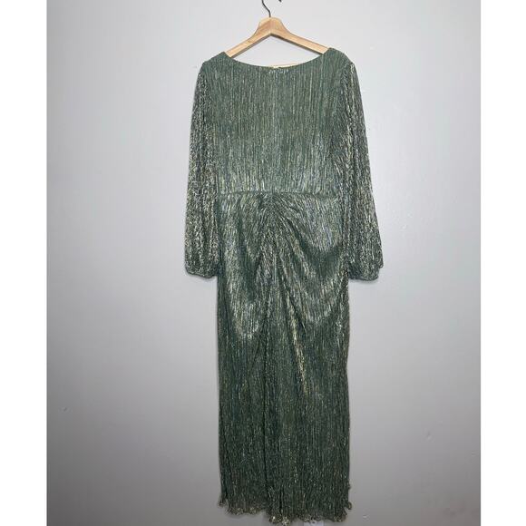 Adrianna Papell Plus Metallic Mesh Draped Gown Green Slate Long Sleeve Dress 14W - Picture 7 of 7